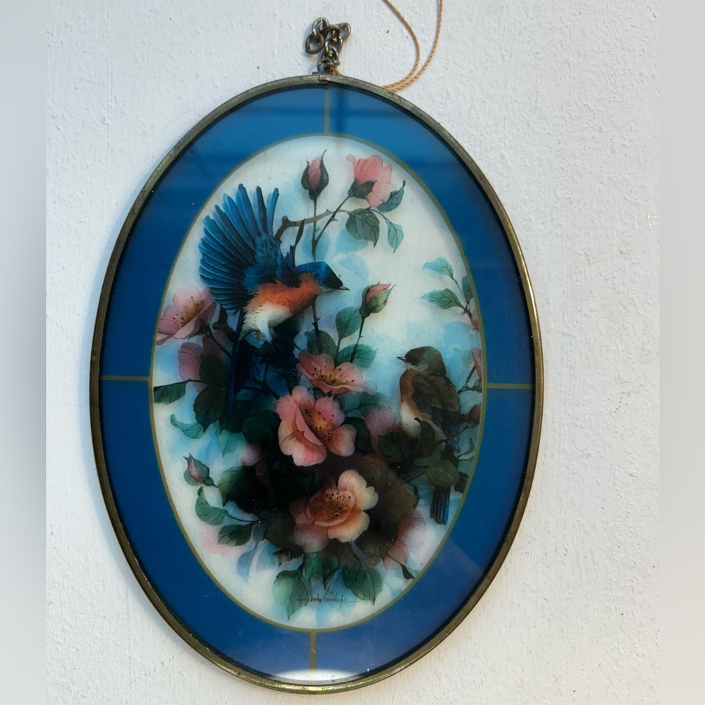 Vintage Carolyn Shores Wright bluebirds stained glass window brass signed